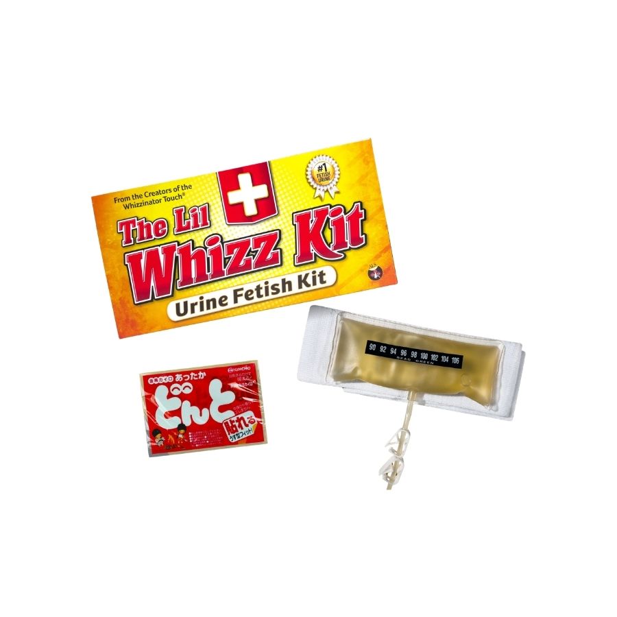 The Lil Whizz Kit urine fetish kit shown with its yellow and red retail box, a small red packet, and a clear pouch containing a gold-colored liquid with a black temperature strip on a white background.