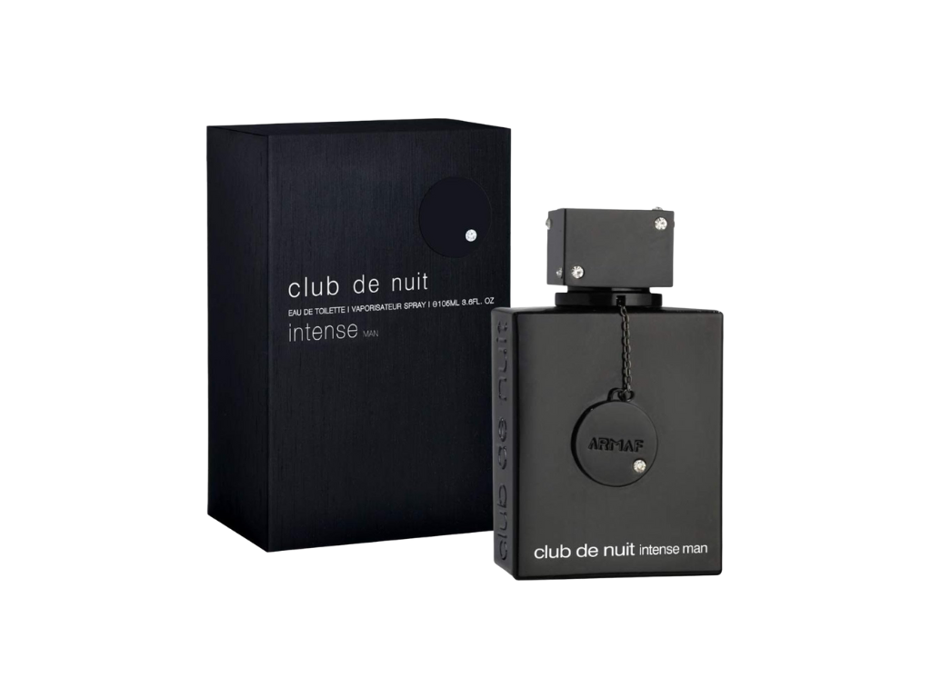 Black perfume bottle and packaging labeled &
