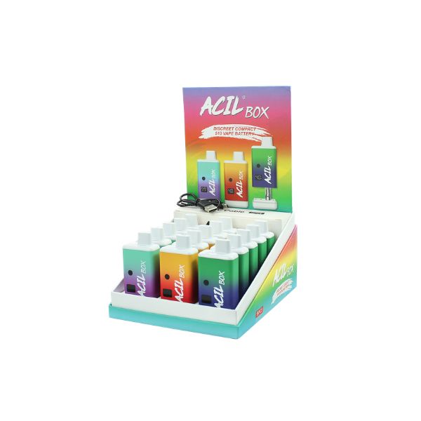 Display of ACIL Box vape batteries with colorful packaging on a white background