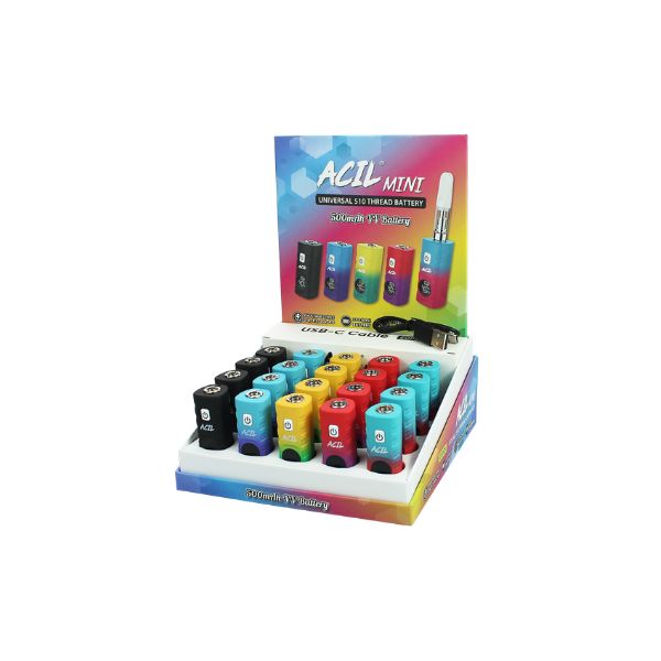 Display of colorful batteries with ACIL branding on a white background