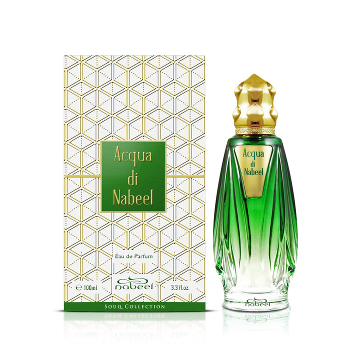 Green perfume bottle with gold cap and &