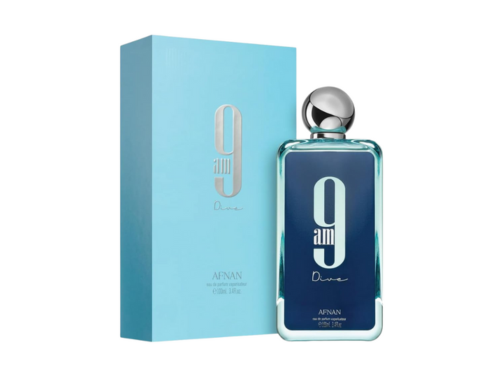 Blue perfume bottle and packaging with &