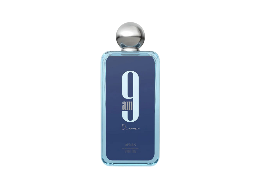 Perfume bottle with blue label and silver cap on a white background