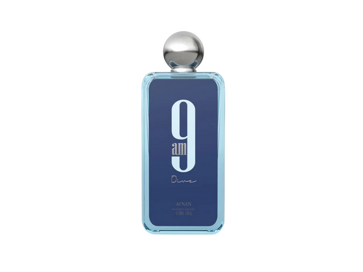 Perfume bottle with blue label and silver cap on a white background