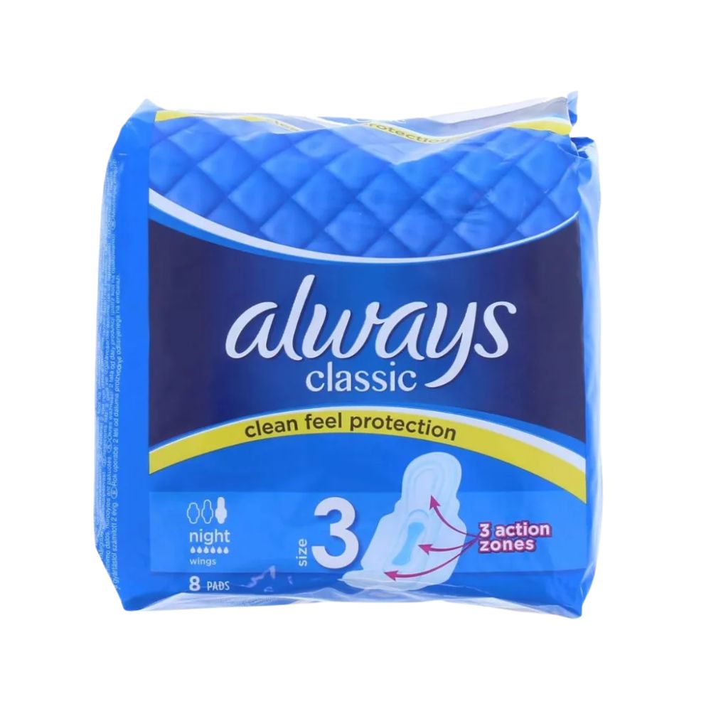 Always Classic Night 3 size incontinence pads, 8 count, in blue packaging on a white background