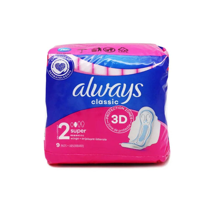  Always Classic Super Protection 3D sanitary pads on a  white background.