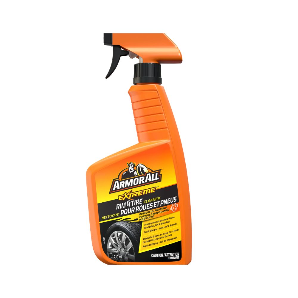 Orange spray bottle of Armor All Extreme Rim &amp; Tire Cleaner on a white background