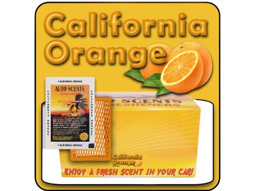 California Orange car air freshener packaging with oranges and text on a yellow background