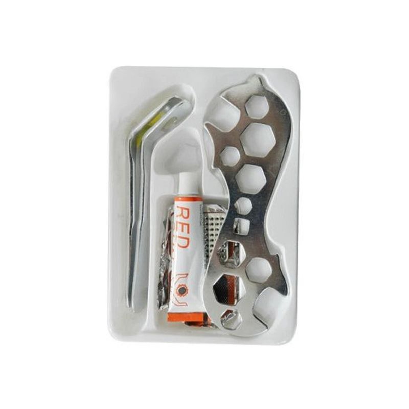 A compact emergency bike repair tool kit in a clear plastic blister pack, featuring a silver metal multi-tool with hexagonal cutouts, tweezers, a small orange-and-white tube, and a roll of tape on a white background.