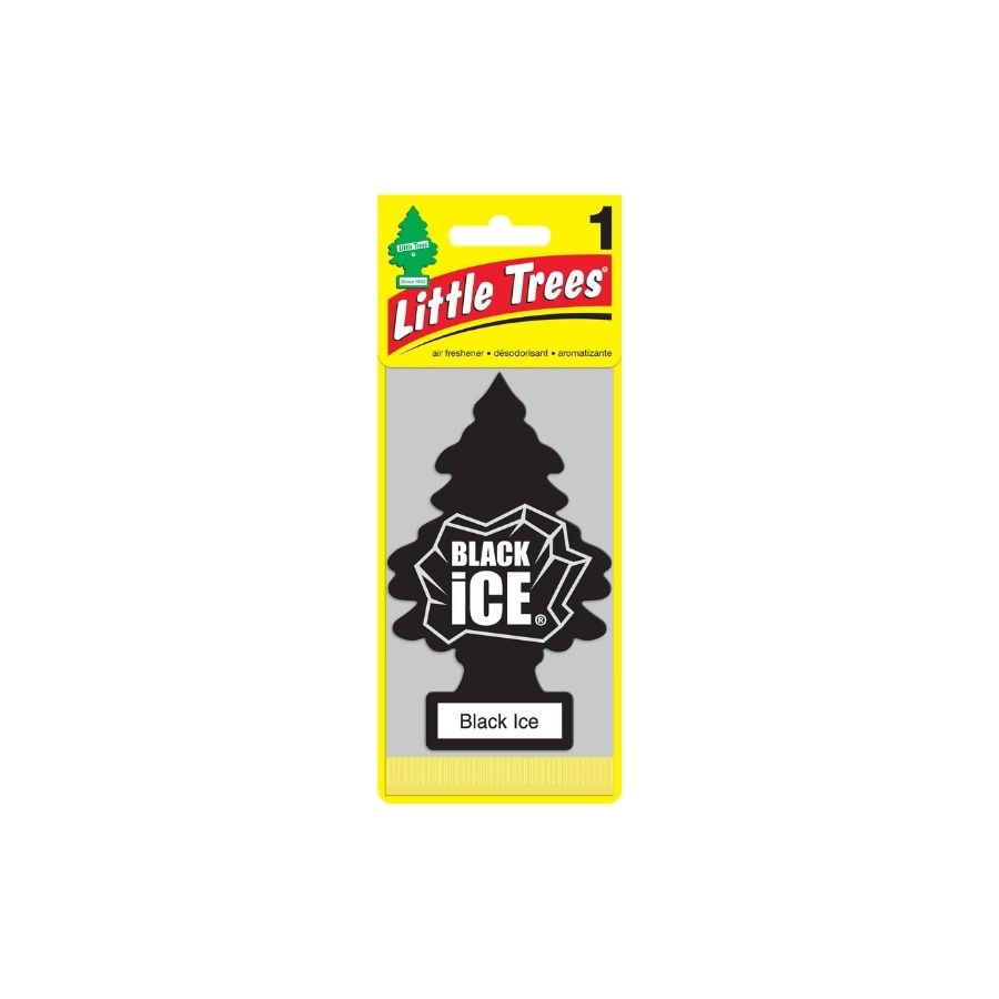 Little Trees air freshener packaging with 'Black Ice' scent on a white background