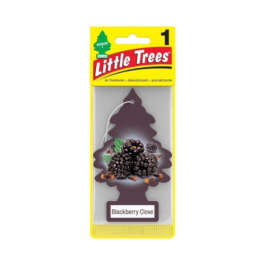 Little Trees Blackberry Clove air freshener in packaging on a white background