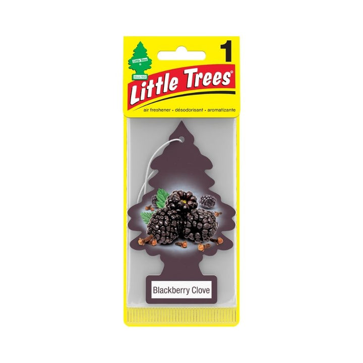 Little Trees Blackberry Clove air freshener in packaging on a white background