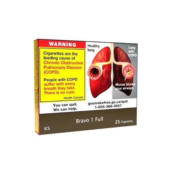 Bravo 1 full Cigarette pack with health warning label showing lungs affected by COPD on w white background