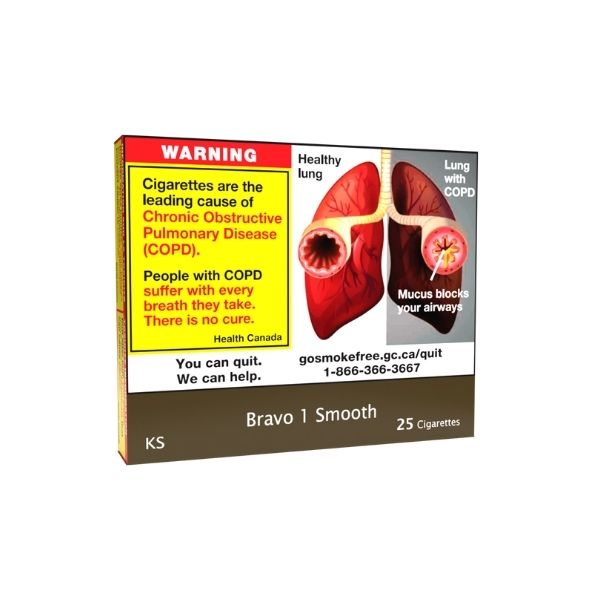 Bravo 1 smooth Cigarette pack with health warning label on a white background