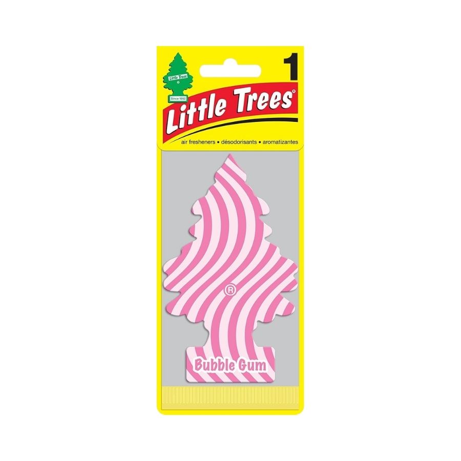 Little tree bubble gum airfreshner carded with white background.