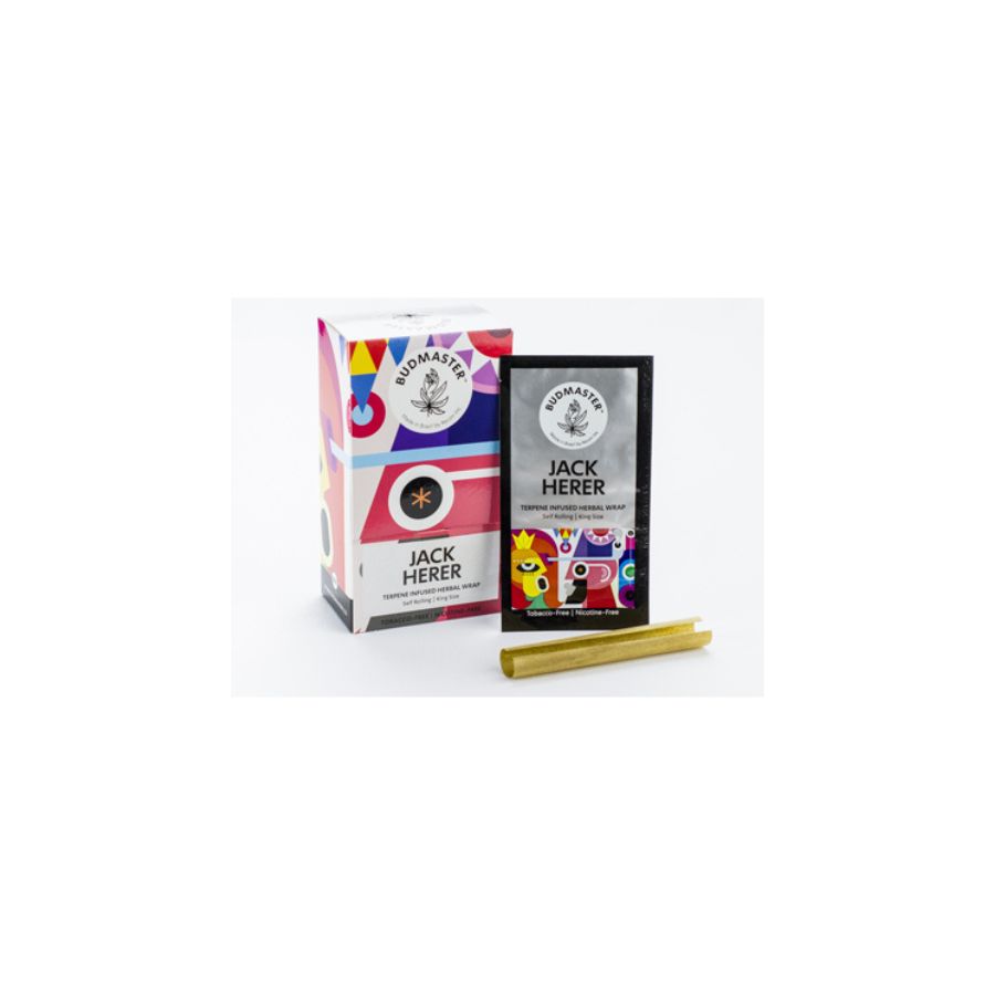 Packaged cannabis product with colorful label and gold packaging on a white background
