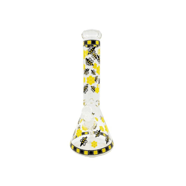 Bumble bee picture glow in the dark  beaker bong on a white background