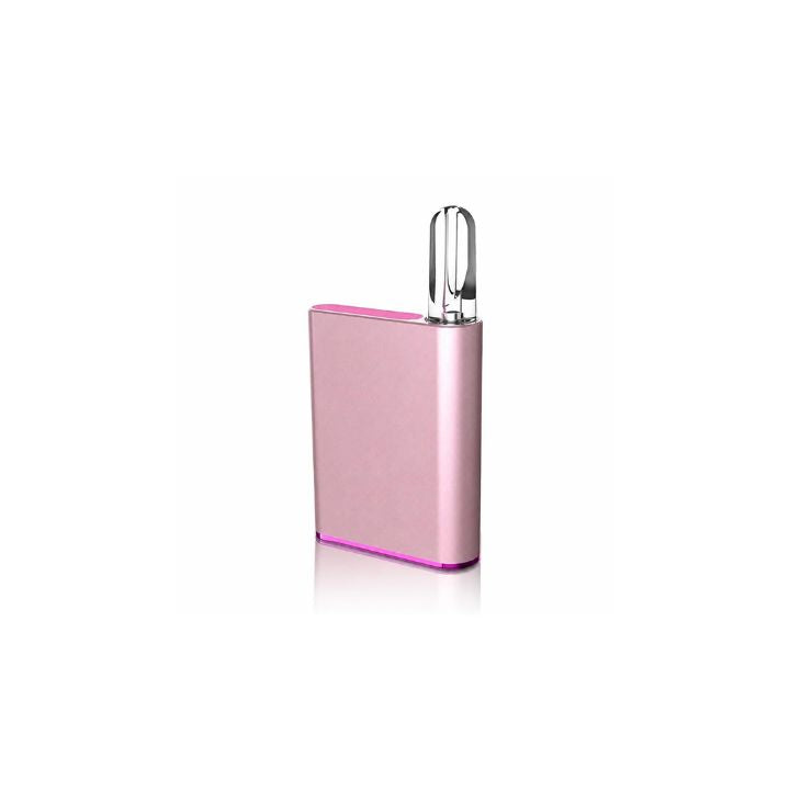 Pink electronic device with a metallic finish on a white background