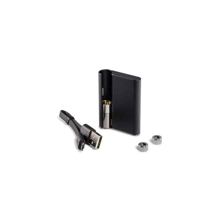 Black electronic device with components on a white background