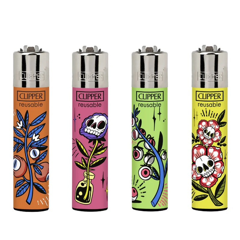 Four colorful Clipper lighters with various designs on a white background