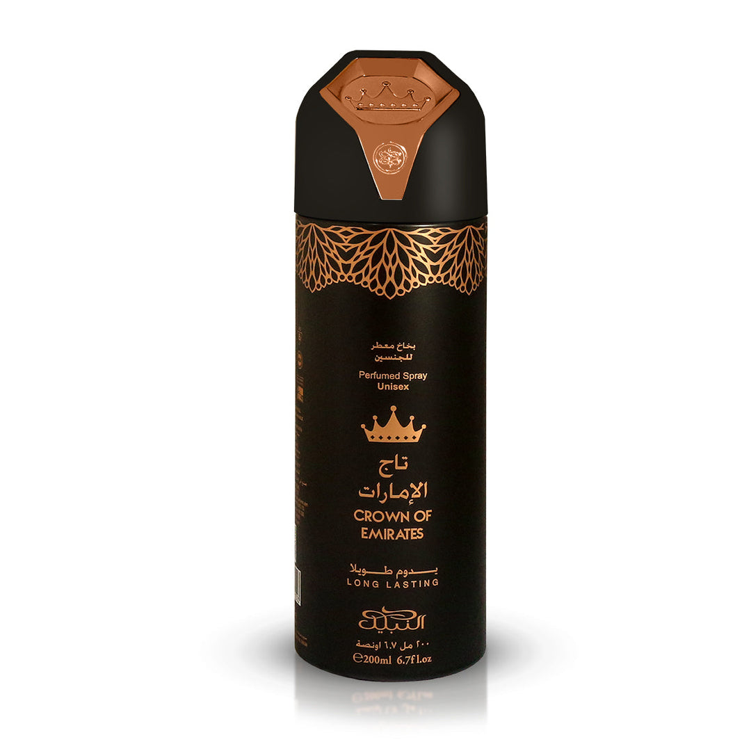 Perfumed deodorant spray bottle with decorative design on a white background
