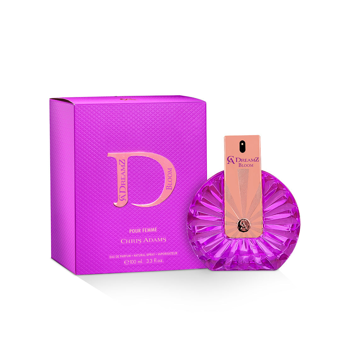 Purple perfume bottle and packaging with &