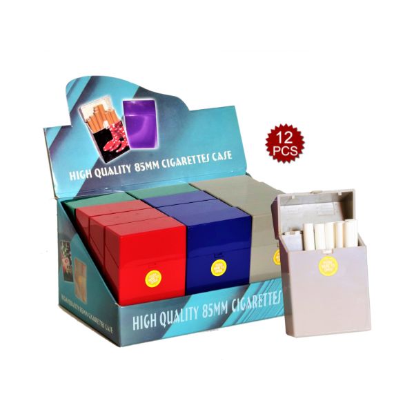Display box of high-quality 85mm cigarettes with colorful cases and a small pack of cigarettes.