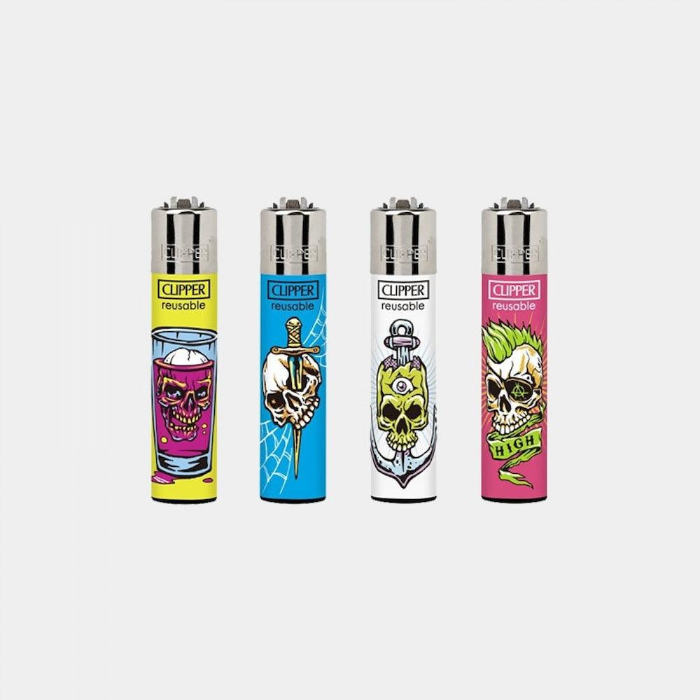 Four Clipper lighters with colorful designs on a white background
