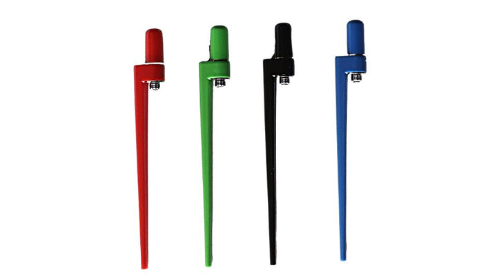 Silicone dabbing straw, red, green, black, and blue on a white background