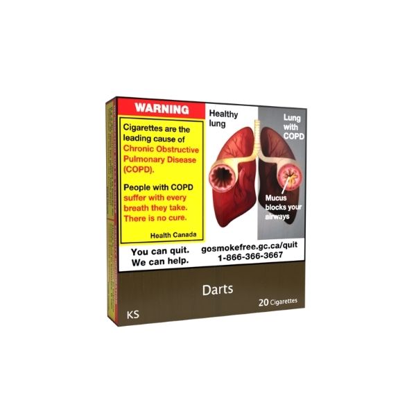 Darts Cigarette pack with health warning label on a white background