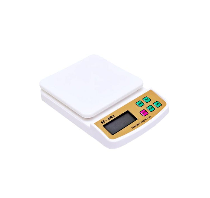 Digital scale with a white top and gold border on a white background