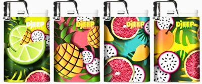 Djeep exotic fruit series lighters with fruit designs on a white background
