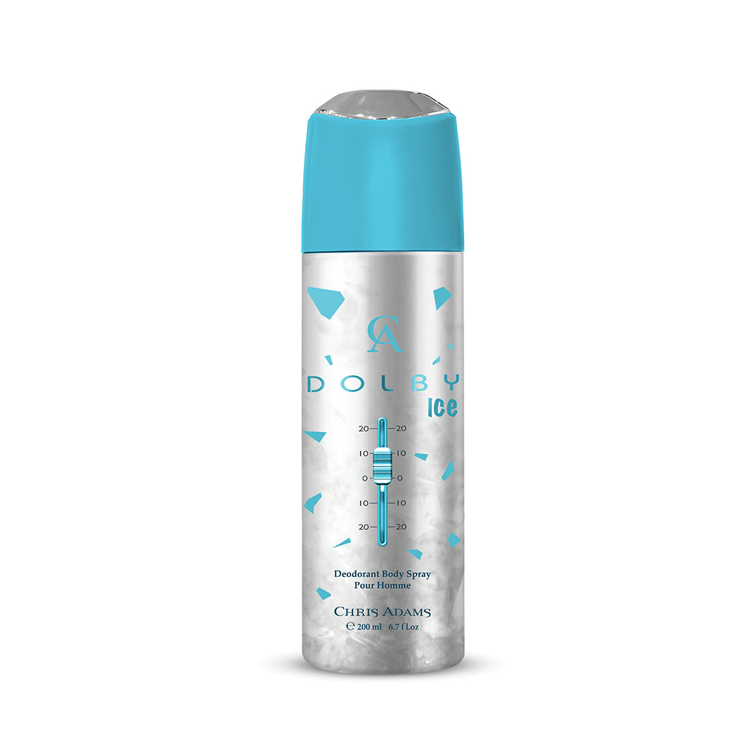 Deodorant body spray bottle with blue cap and silver body on a white background