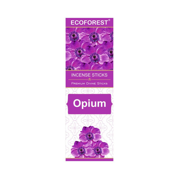 Ecoforest Opium incense sticks packaging with purple flowers on a white background