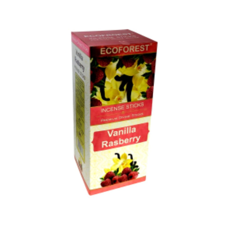 Box of Ecoforest Vanilla Raspberry incense sticks on a white background