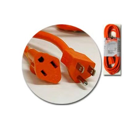 An electrical outdoor orange extension cord with a three-prong US plug shown with a circular close-up inset of the plug and connector and a small package view on the right, all on a white background.