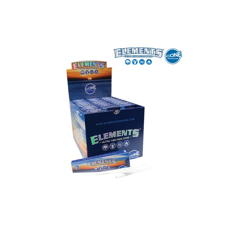 Box of Elements rolling paper with a single cone on a white background
