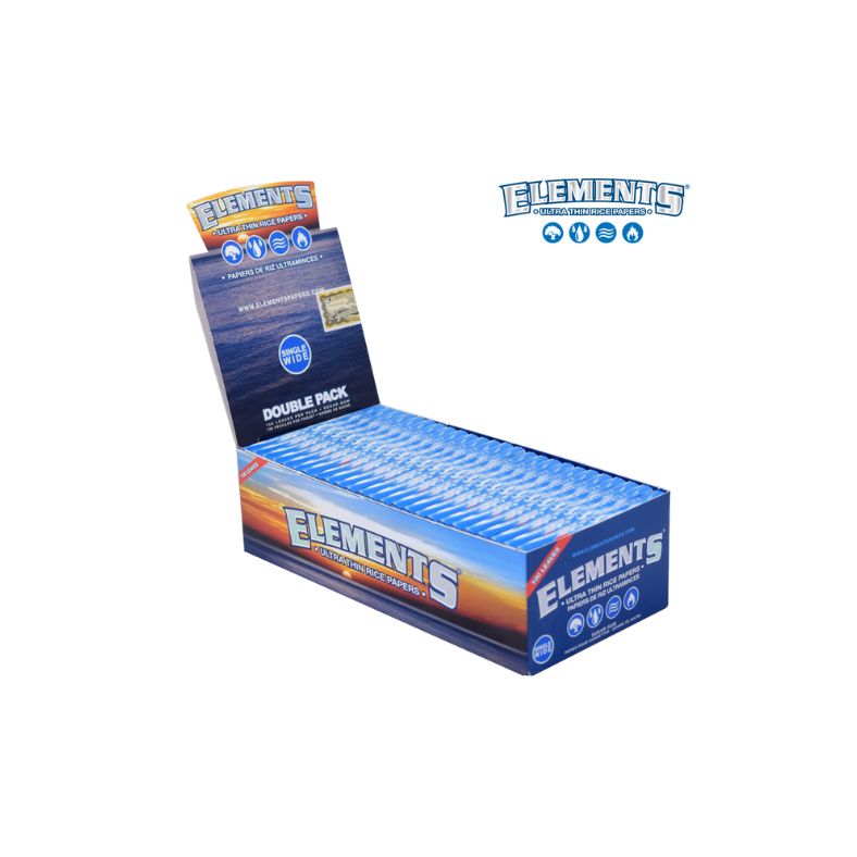 Box of Elements rolling paper with a single pack on top on a white background