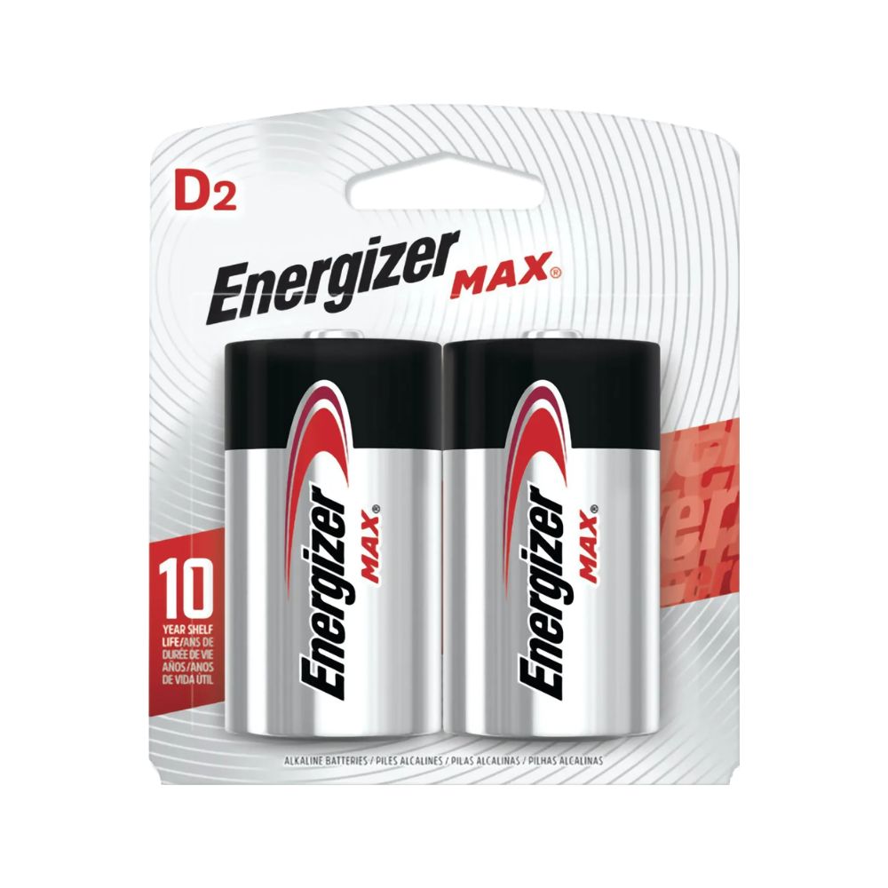 Energizer max D2 battery on a white background