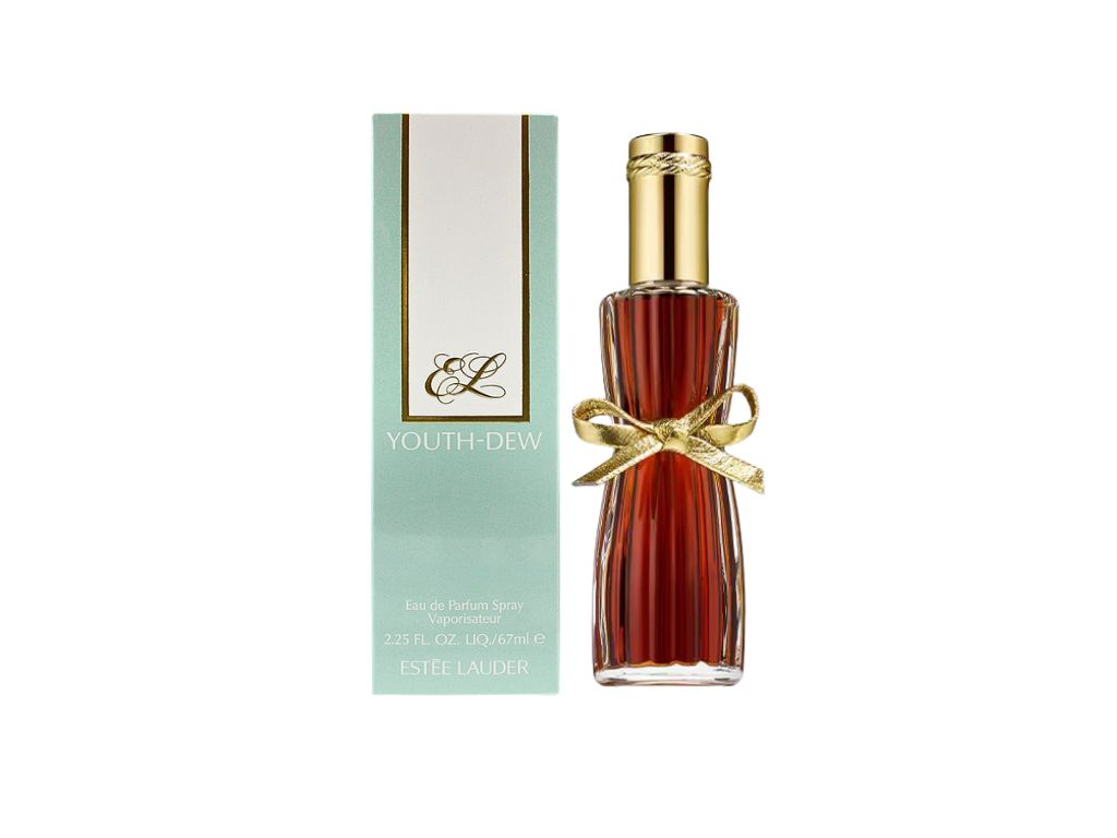 Estée Lauder Youth Dew perfume bottle with packaging on a white background