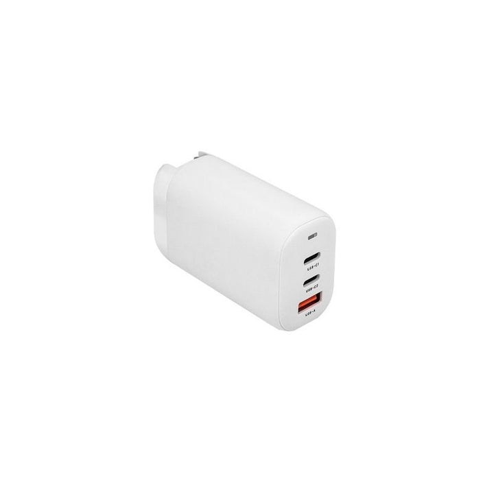 A white 3-port USB-C wall charger with a matte finish, shown from a three-quarters perspective on a solid white background.