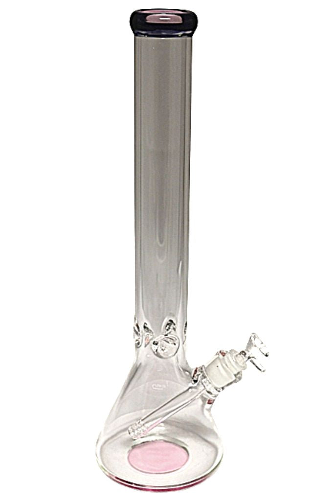Clear glass smoking device with pink base on a white background