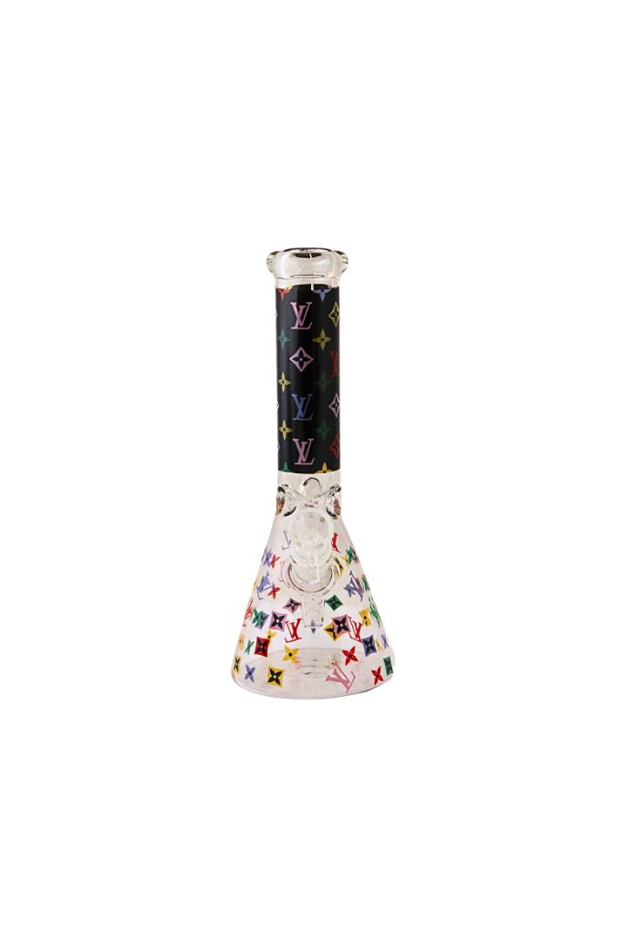 Glass smoking device with colorful butterfly pattern on a white background