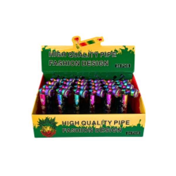 Display box of high-quality pipes with colorful design on a white background
