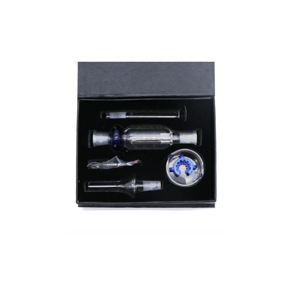Set of glass smoking accessories in a black box on a white background