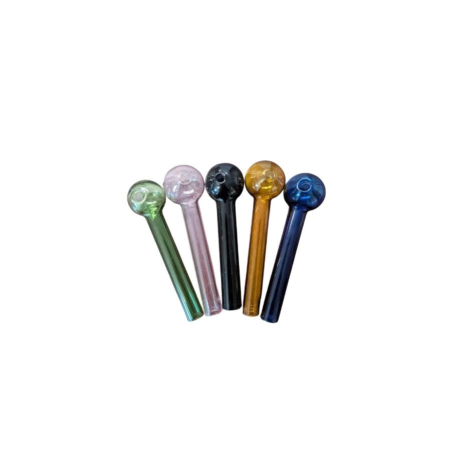 Five translucent glass water pipes in green, pink, black, gold, and blue, arranged in a fan shape on a plain white background.