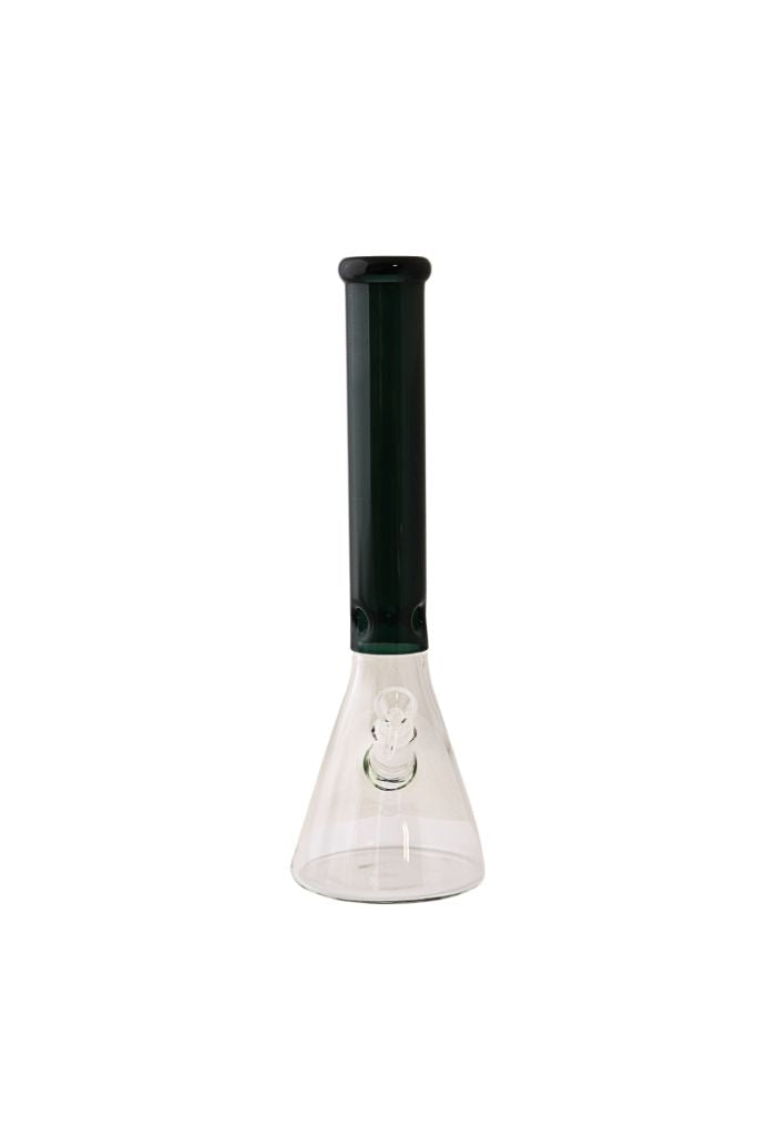 Clear glass bong with black accent on a white background