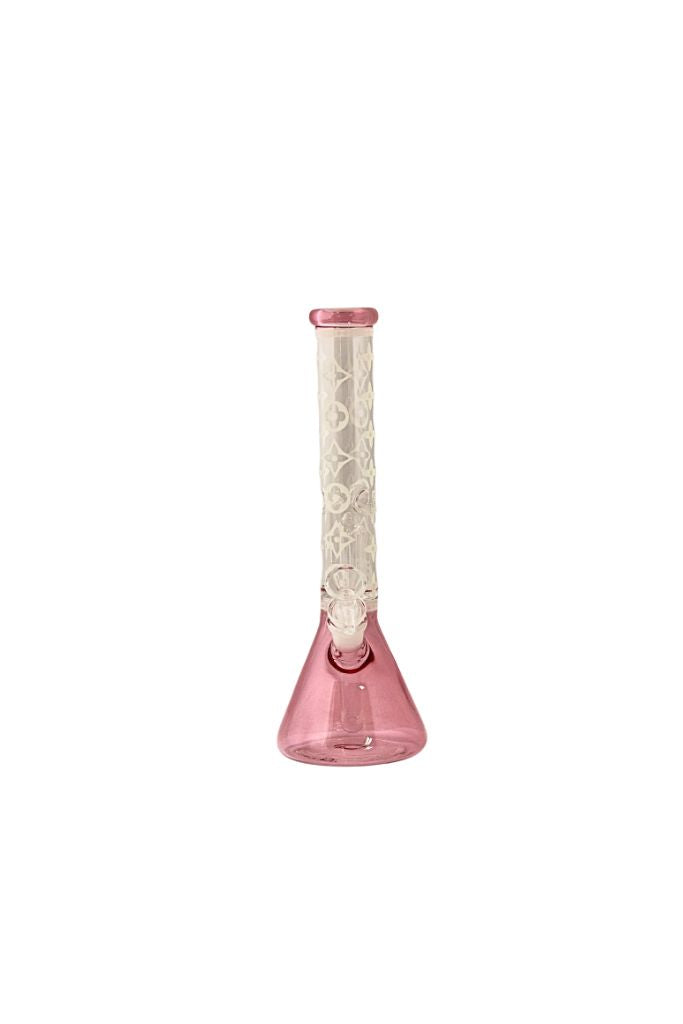 Pink glass water-pipe with textured white base on a white background