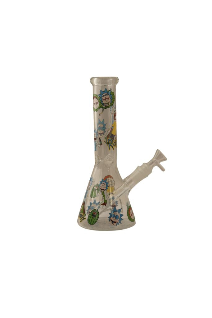 Decorative glass bong with colorful designs on a white background