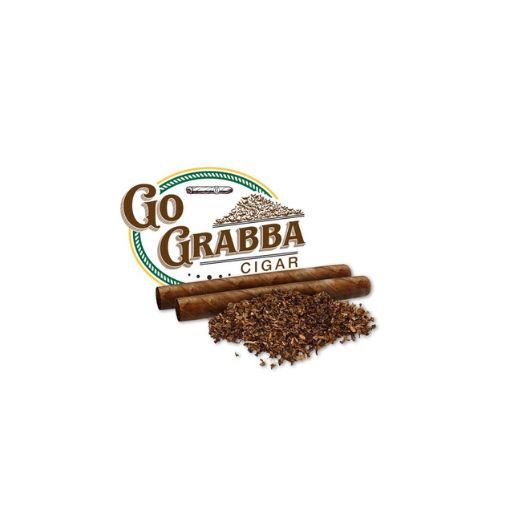 Go Grabba Cigar logo with two cigars and a pile of tobacco leaves on a white background
